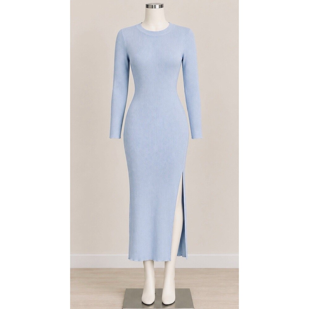 ZESICA Womens Blue Ribbed Knit Sweater Dress M Crew Neck Midi Stretch Side Slit